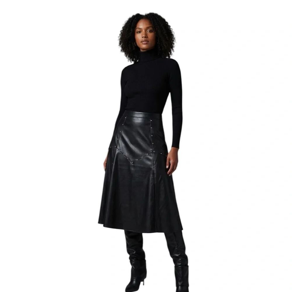 Marc New York Black Faux Leather Midi Skirt with Stud Details Size: Medium - Picture 1 of 9